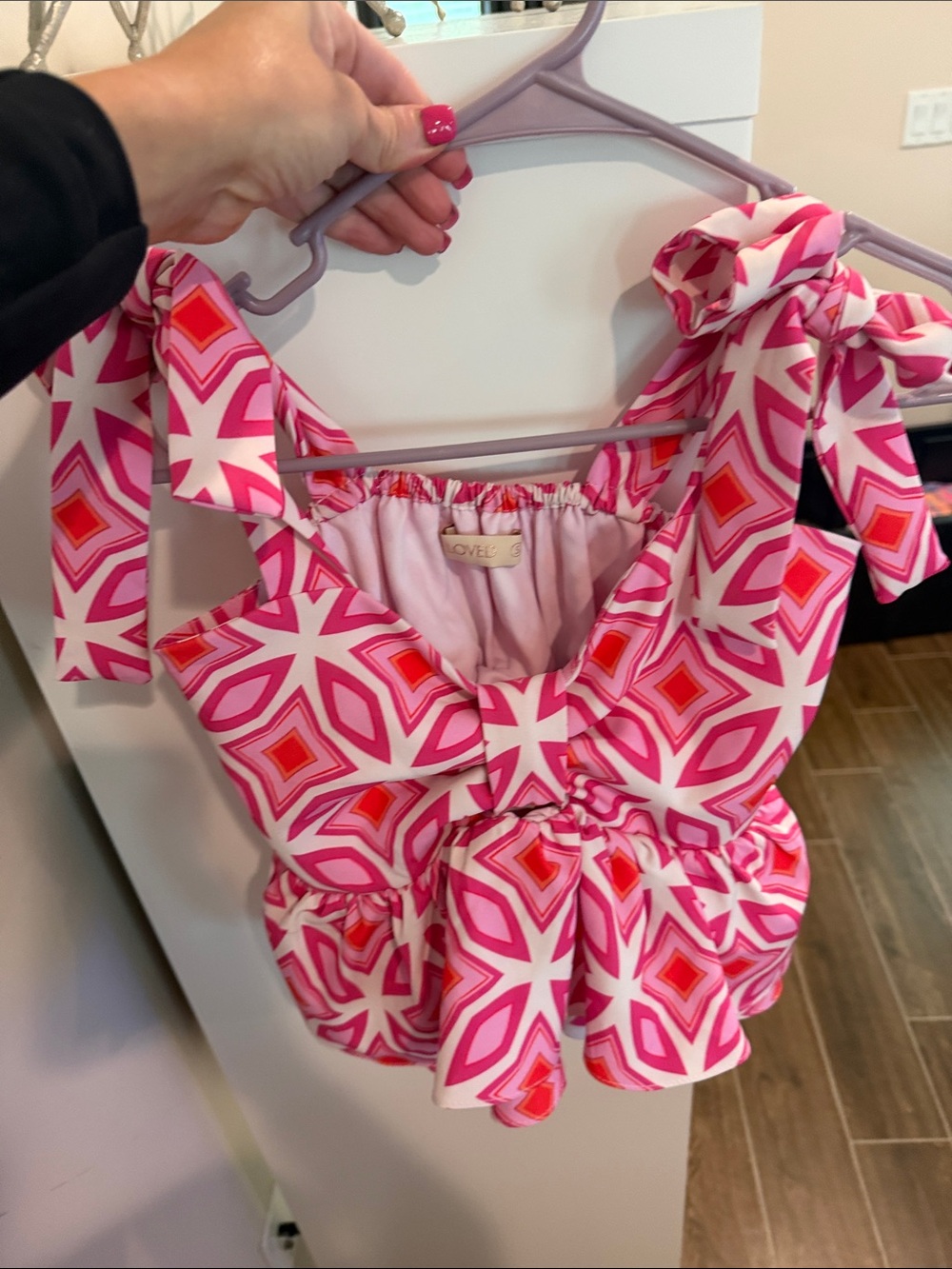 My Beloved Pink & White Geo Tie-Shoulder Peplum Crop Top